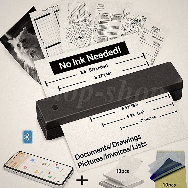 A4 Portable Printer Wireless for Travel Bluetooth Inkless for Office Home