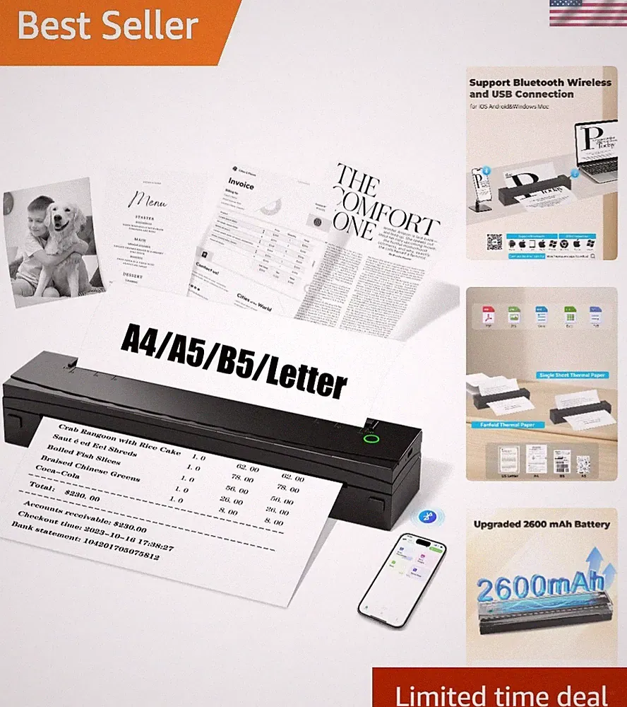 Portable Printer Wireless for Travel, Thermal Printer, Inkless Printers, Comp...